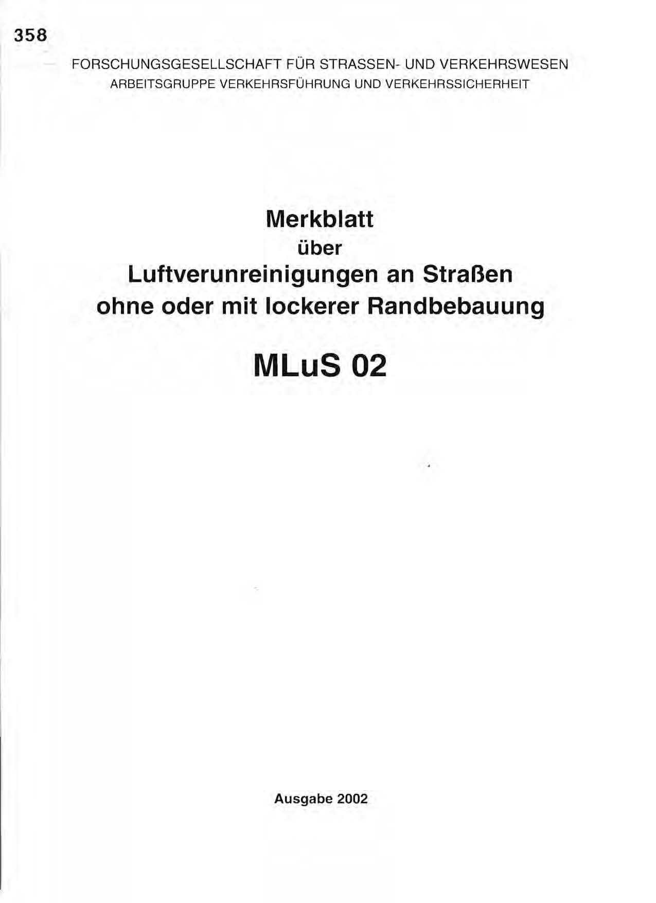 Merkblatt über Luftverunreinigungen an Straßen ohne oder mit lockerer Randbebauung