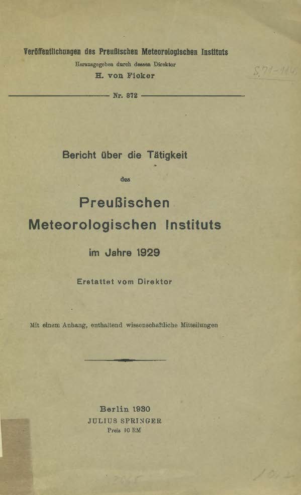 Bericht über die Tätigkeit des Peußischen Meteorologischen Institut